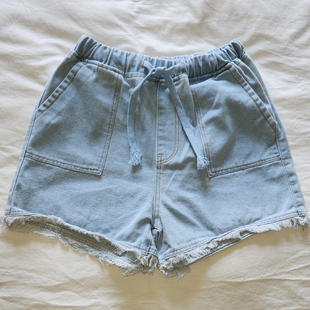 Cute Light Blue Denim Drawstring Shorts - Large